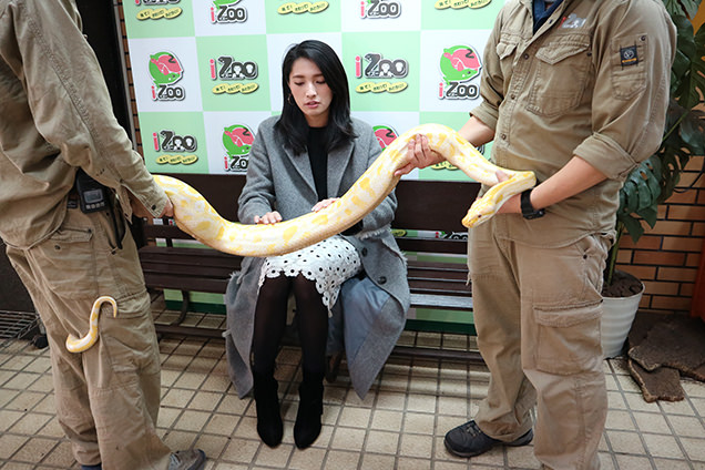 体感型動物園iZooでニシキヘビと記念撮影するライター