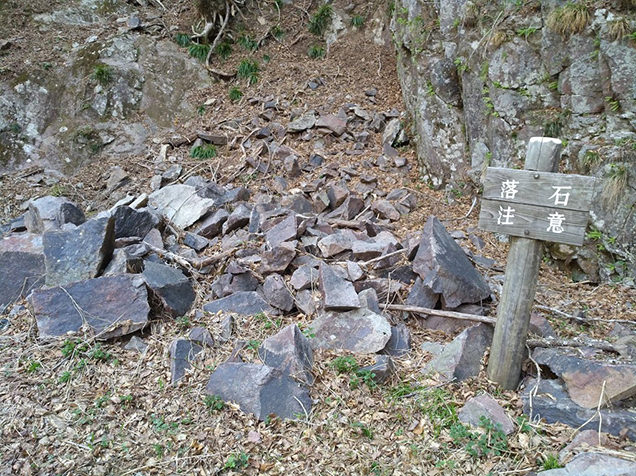 奥鬼怒歩道　落石注意の看板