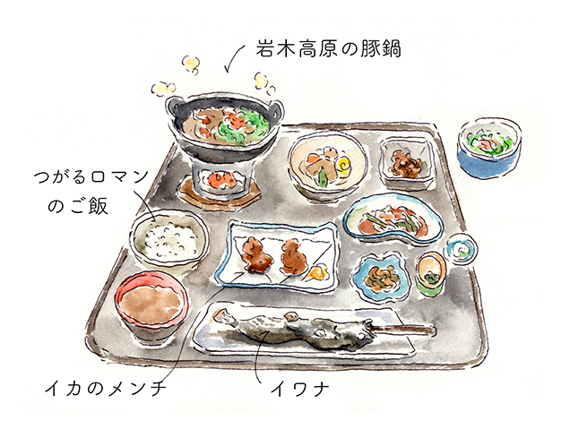 青荷温泉　夕食　イラスト