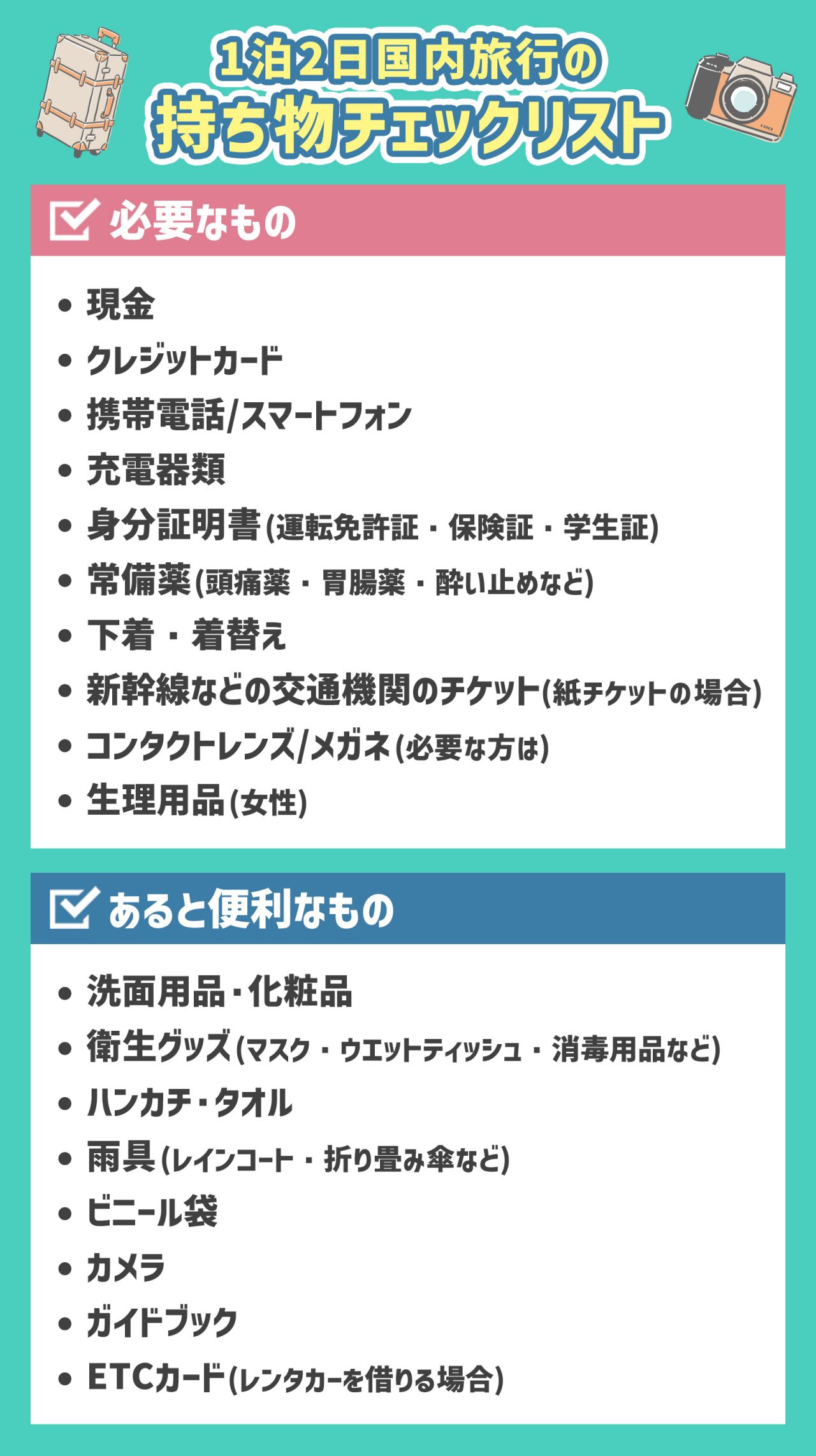 1泊2日国内旅行の持ち物チェックリスト