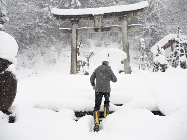 雪が積もった南部神社の鳥居